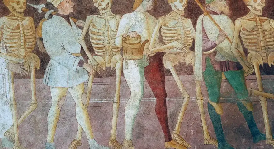 Postać szkieletów i ludzi w średniowiecznych strojach, symbolizująca danse macabre w literaturze.