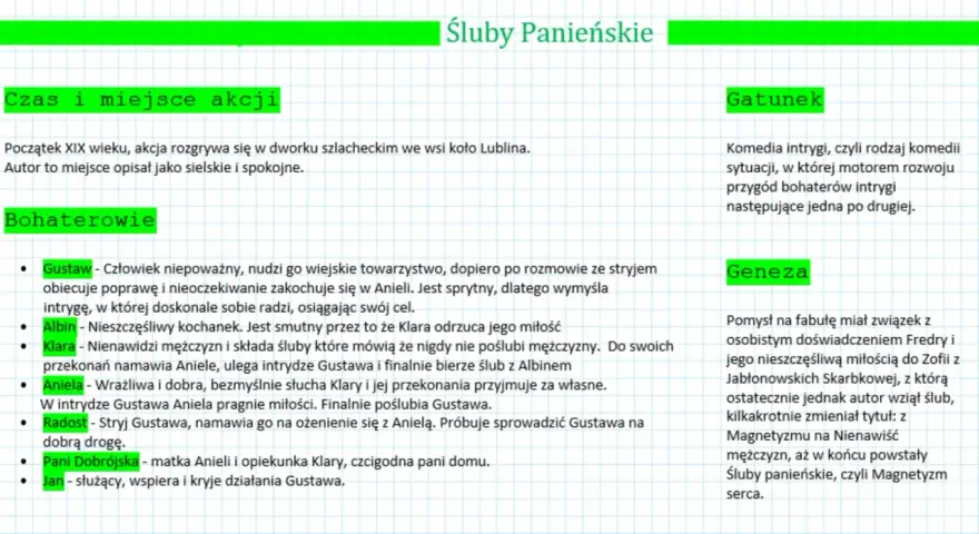 Streszczenie "Ślubów panieńskich": komedia intrygi z XIX w. o miłości Gustawa i Anieli, wbrew ślubom Klary.