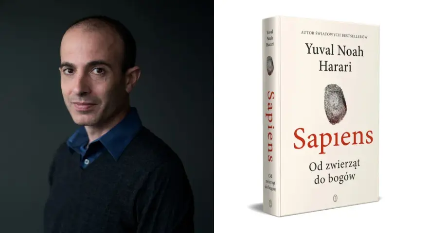 Yuval Noah Harari, autor "Sapiens: Od zwierząt do bogów", na tle. Obok książka z odciskiem palca.