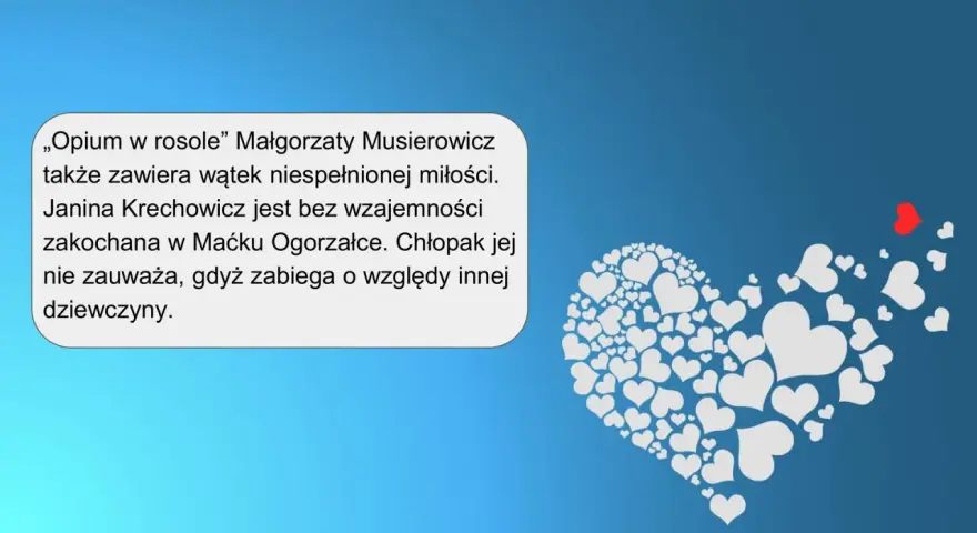 Opium w rosole streszczenie: Janina Krechowicz kocha Maćka Ogorzałkę, lecz on nie odwzajemnia jej uczuć, zabiegając o inną.