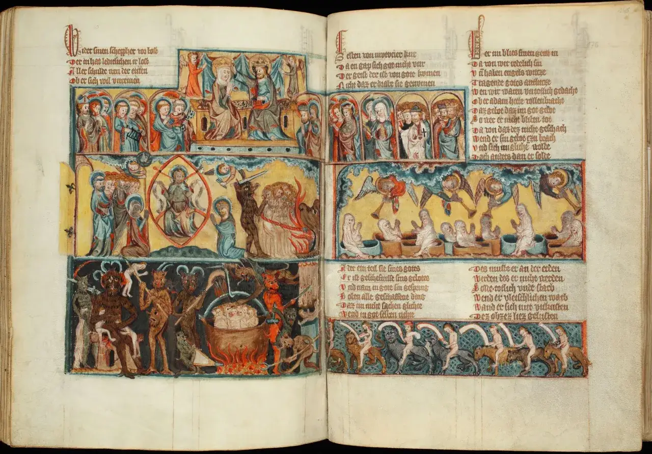 Ilustracja z manuskryptu, ukazująca sceny biblijne i piekielne. To przykład średniowiecznej hagiografii co to znaczy opowieści o żywotach świętych, ale też moralitet&oacute;w.