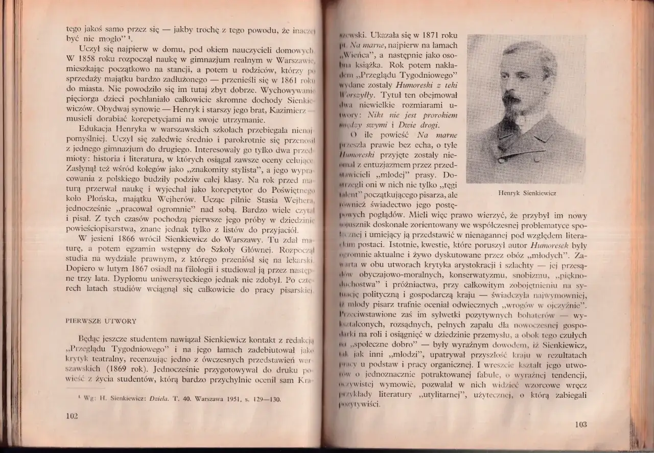 Portret Henryka Sienkiewicza, ilustrujący cechy powieści realistycznej: szczegółowe opisy postaci i ich środowiska, psychologiczna głębia, obiektywizm.