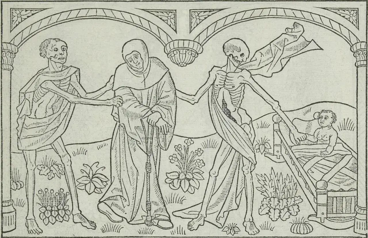 Szkielety wiodą do tańca mnicha i dziecko, ilustrując motyw danse macabre w literaturze.