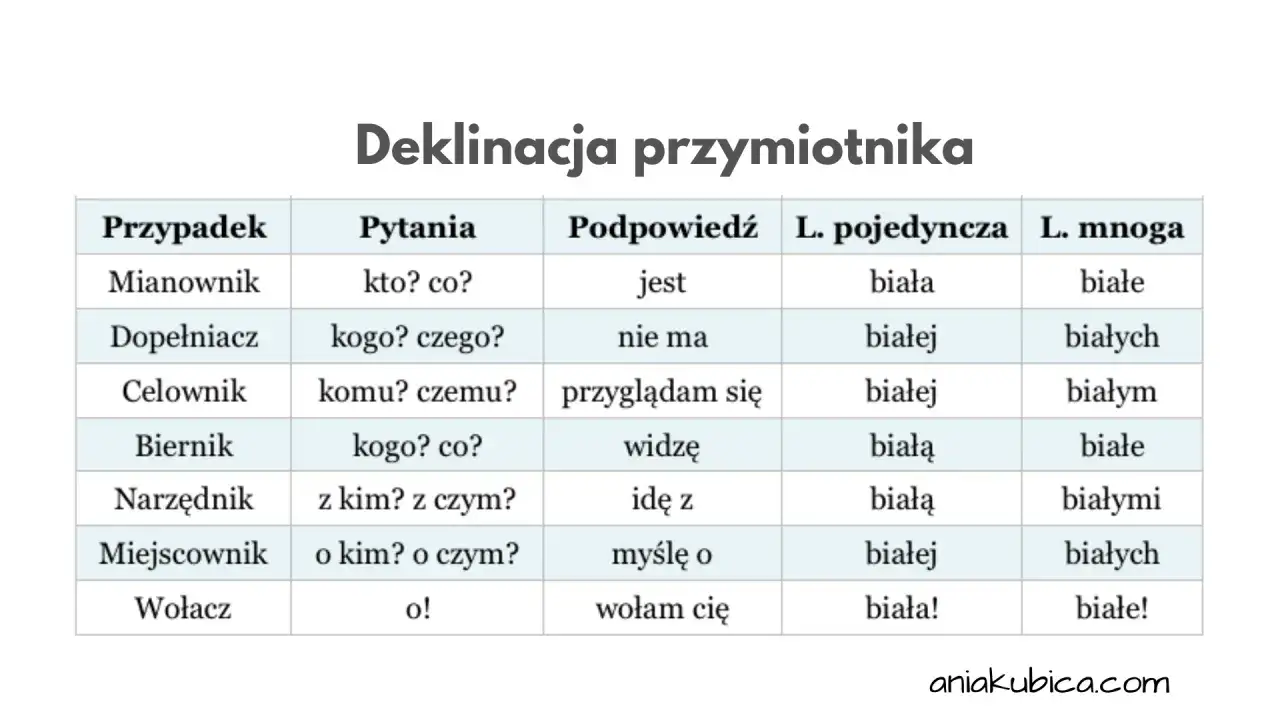 Tabela pokazuje, jak odmienia się przymiotnik
