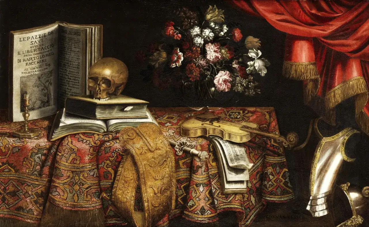 Vanitas z czaszką, księgą koheleta opracowanie, skrzypcami i zbroją.