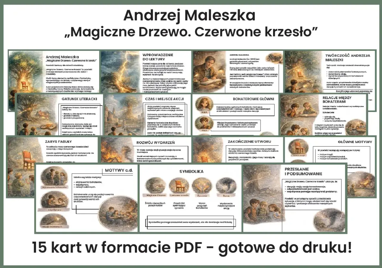 Andrzej Maleszka „Magiczne Drzewo. Czerwone krzesło” – streszczenie. Ilustracje przedstawiają sceny z książki, magiczne przedmioty i bohaterów.