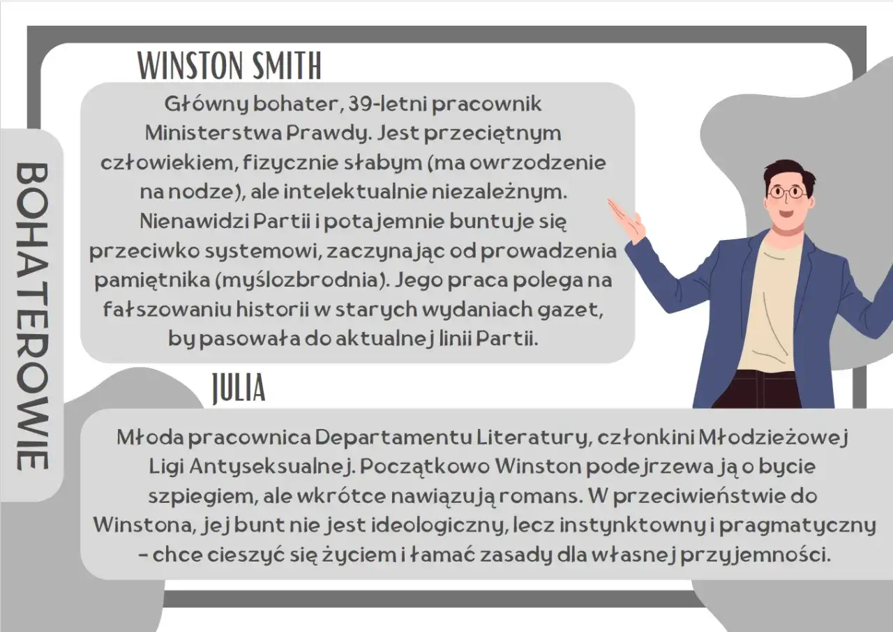 Winston Smith, główny bohater, 39-letni pracownik Ministerstwa Prawdy, buntuje się przeciwko systemowi. Jego charakterystyka to buntownik z wyboru.