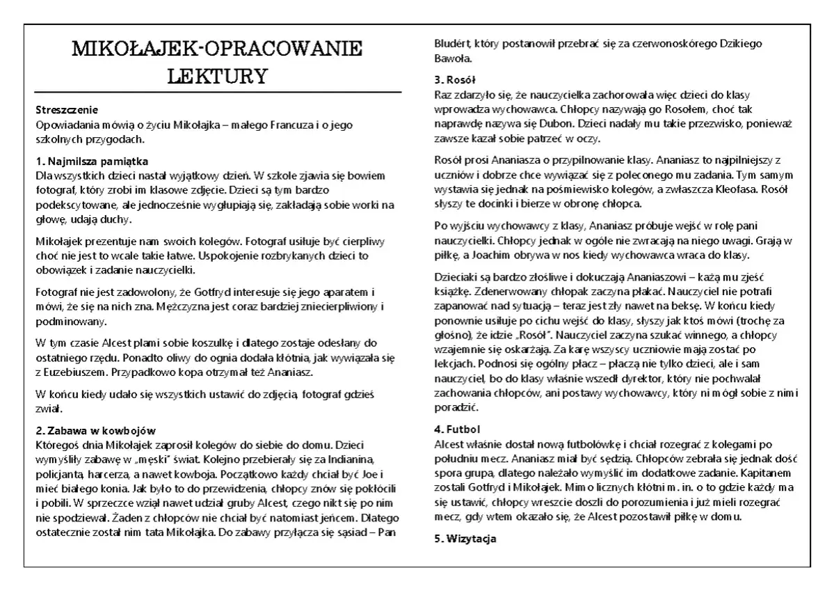 Mikołajek lektura klasa 4. Opisuje przygody Mikołajka i jego szkolnych koleg&oacute;w, w tym zabawę w kowboj&oacute;w i mecz piłki nożnej.