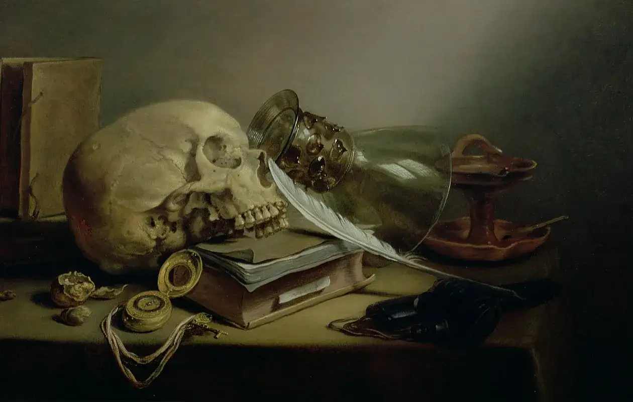 Czaszka, księga, pi&oacute;ro, zegarek &ndash; symbole vanitas, przypominające o przemijaniu. Co to znaczy? Życie jest ulotne.