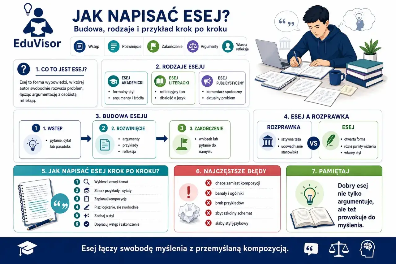 Grafika wyjaśnia, co to jest esej, jego rodzaje, budowę i jak go napisać krok po kroku. Podkreśla, że esej łączy swobodę myślenia z przemyślaną kompozycją.