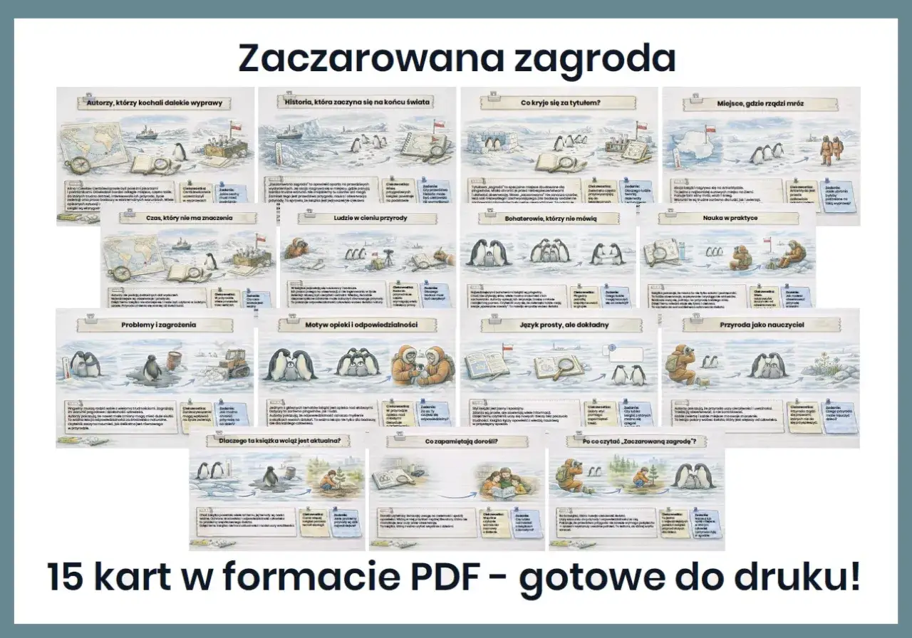 Zaczarowana zagroda: ilustracje przedstawiające pingwiny i ludzi w arktycznym krajobrazie, omawiające różne aspekty książki.