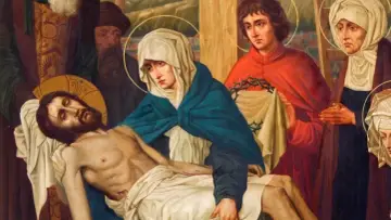 Obraz przedstawia scenę Piety, gdzie Matka Boża trzyma martwe ciało Jezusa. To właśnie "stabat mater dolorosa" - stojąca matka bolesna.