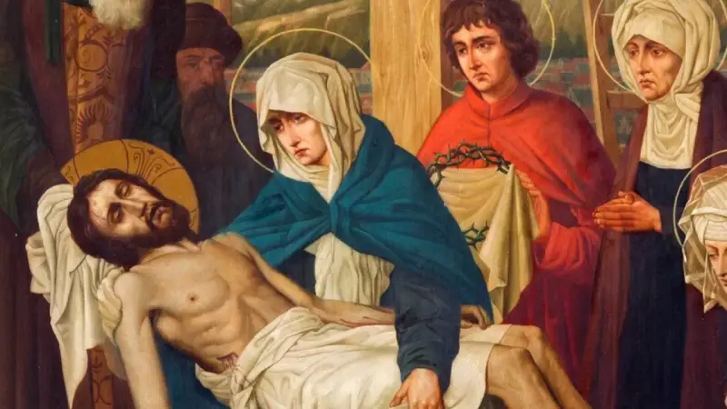 Obraz przedstawia scenę Piety, gdzie Matka Boża trzyma martwe ciało Jezusa. To właśnie "stabat mater dolorosa" - stojąca matka bolesna.